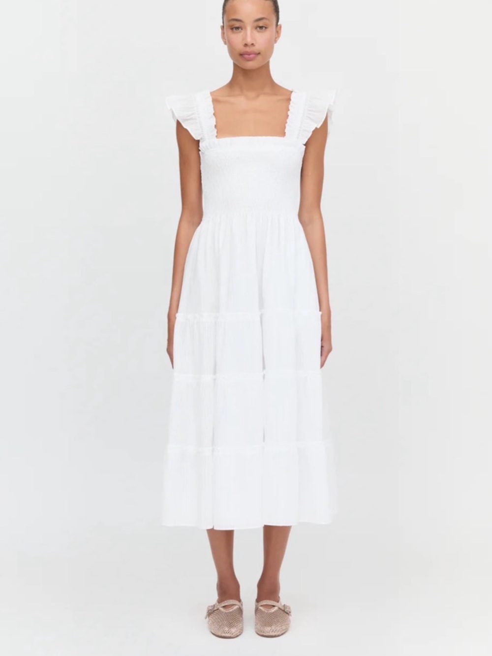 Hill House Ellie Nap dress White Smocked Ruffle-Shoulder Midi